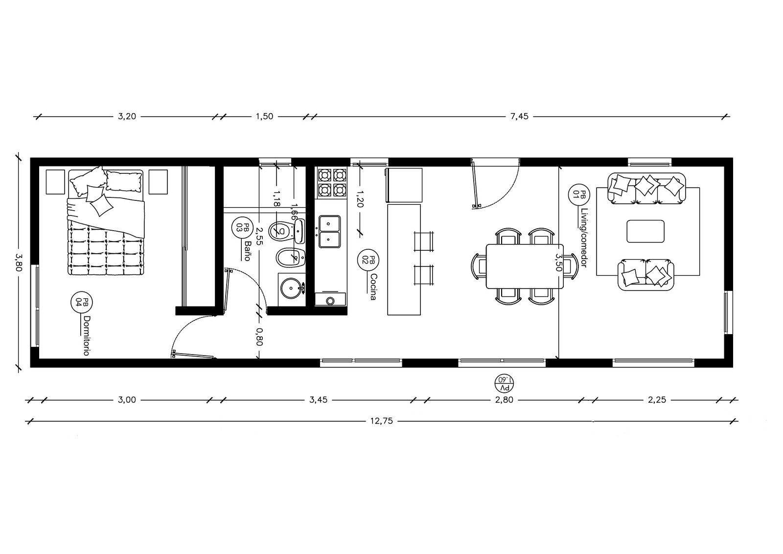 Plano Modelo 1 Dormitorio 48m2